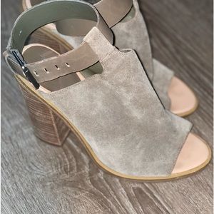 suede Taupe sandals have been hardly worn, and have a 4 inch block heel